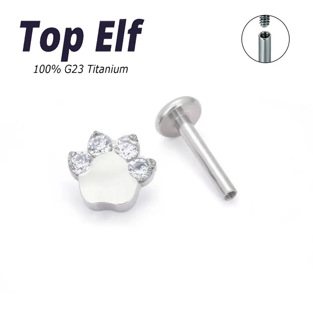 G23 Titanium Inner Threaded Cat Paw Shape Zircon Labret Stud Nose Rings Ear Cartilage Tragus Barbell Nose Piercing Jewelry