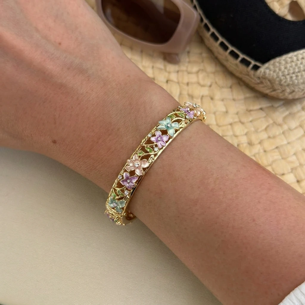 2pc Vintage Enamel Flower Bracelet & Ring Set for Women