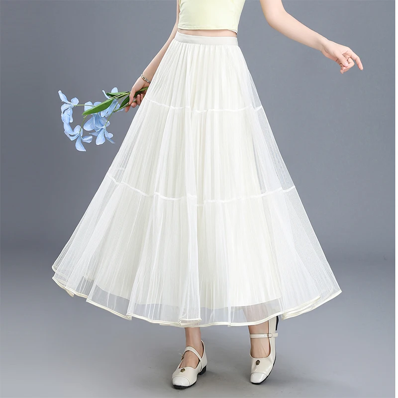 ZUZK Lady Tulle Skirt Elegance Pleated Skirt Summer Women New Korean Style Elastic Waist Fairy Skirt Faldas Elegantes