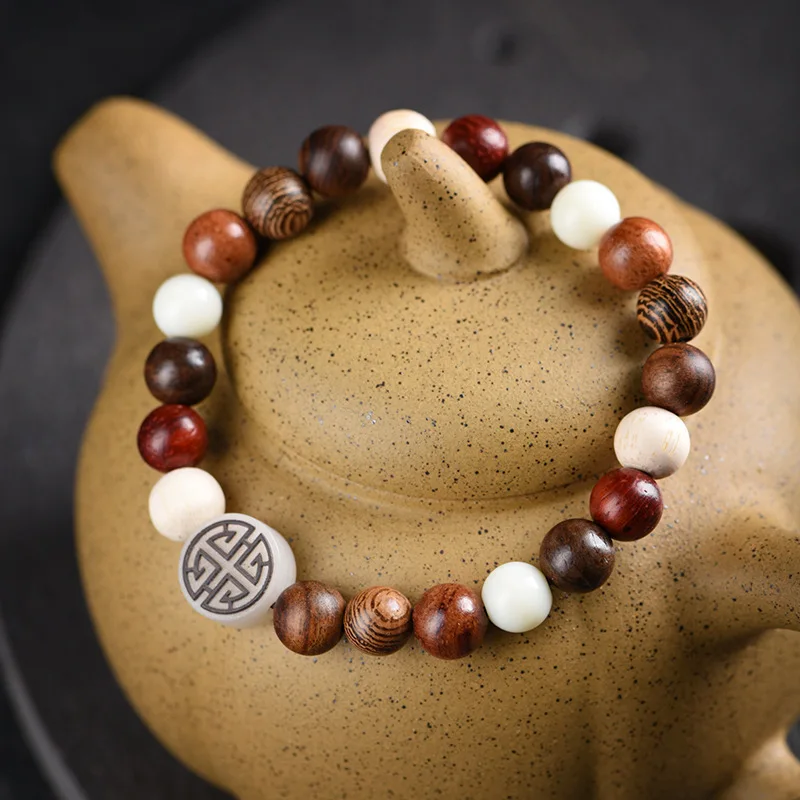 Multi- small single-loop Buddhist bead bracelet with ivory fruit luminous stone and carved double happiness bamboo knot acce