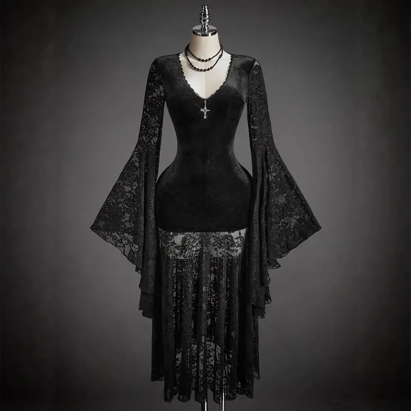 Halloween Gothic Punk Women Maxi Bodycon Dress Long Sleeve Lace Patchwork Slim Black Dresses 2026 New Y2K Harajuku Party Dress