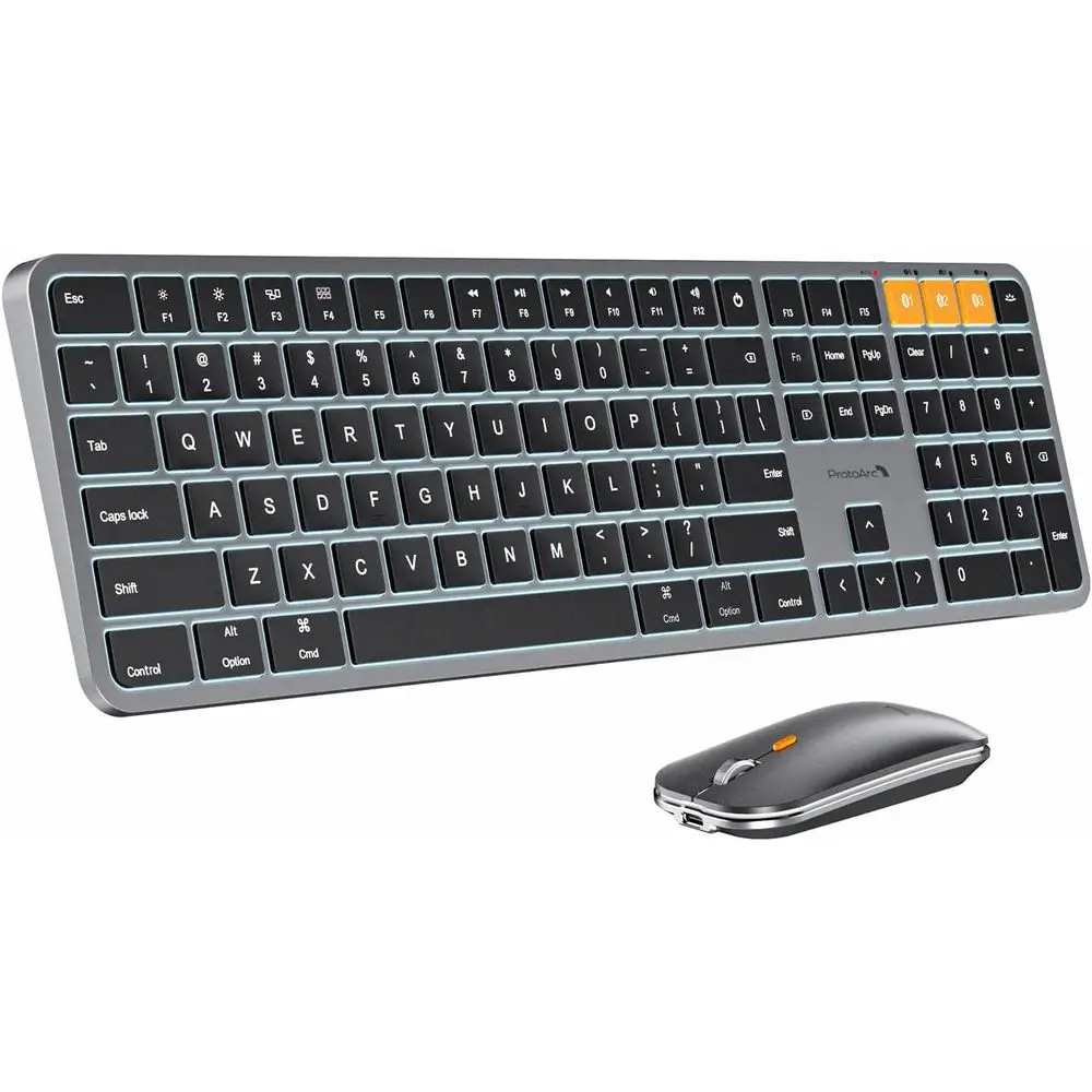 Wireless Backlit Keyboard and Mouse Combo, Full-Size, Multi-Device Support, Rechargeable, No USB Needed, Compatible with MacBook