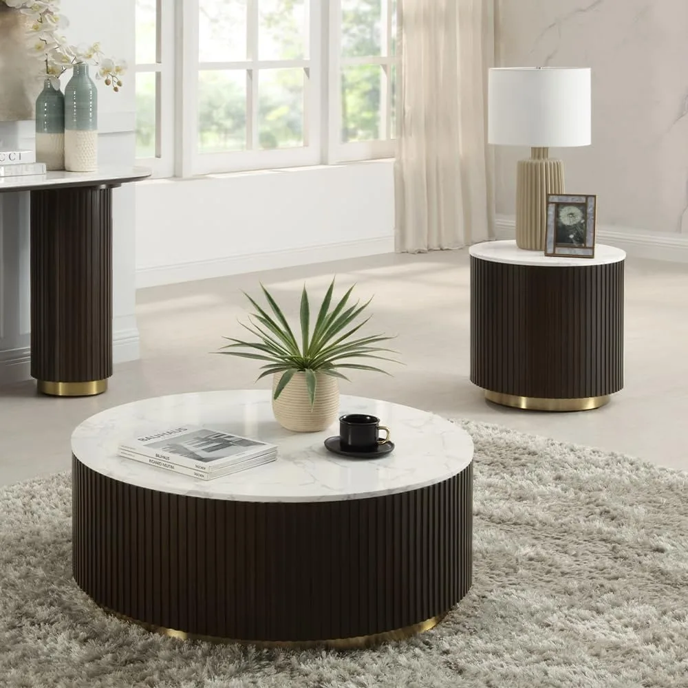 Round Nesting Coffee Table with Faux Marble Top and Decorative Side Table for Apartment Living Room, No Assembly Required