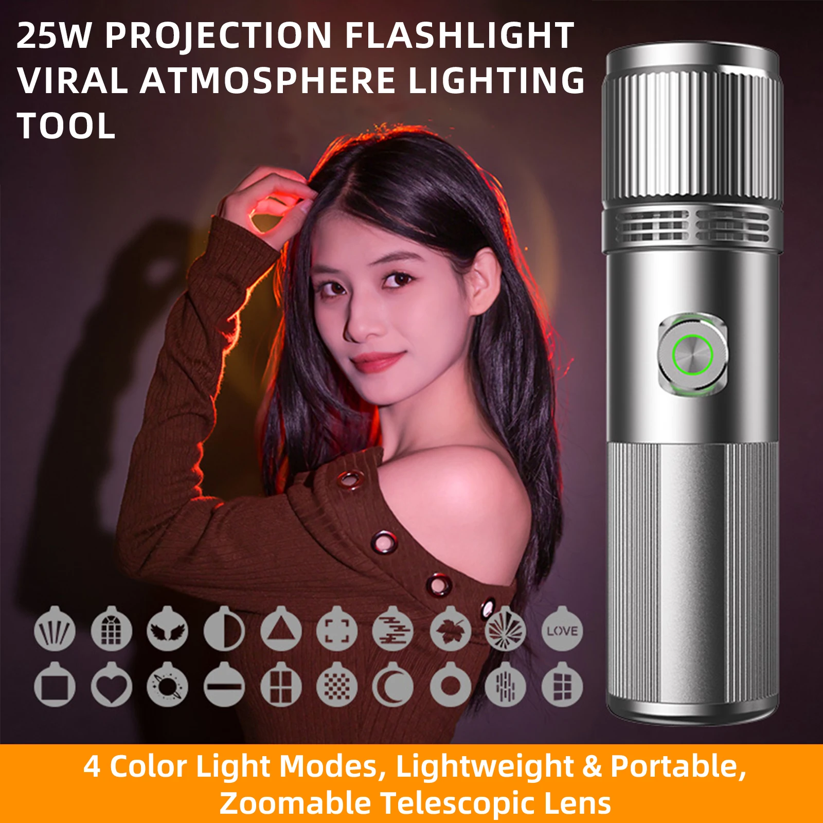 NEW 25W Zoomable Photography Light Bi-Color Dimmable Brightness RGB Video Light Four Color Projection Light 20 Unique Gobos