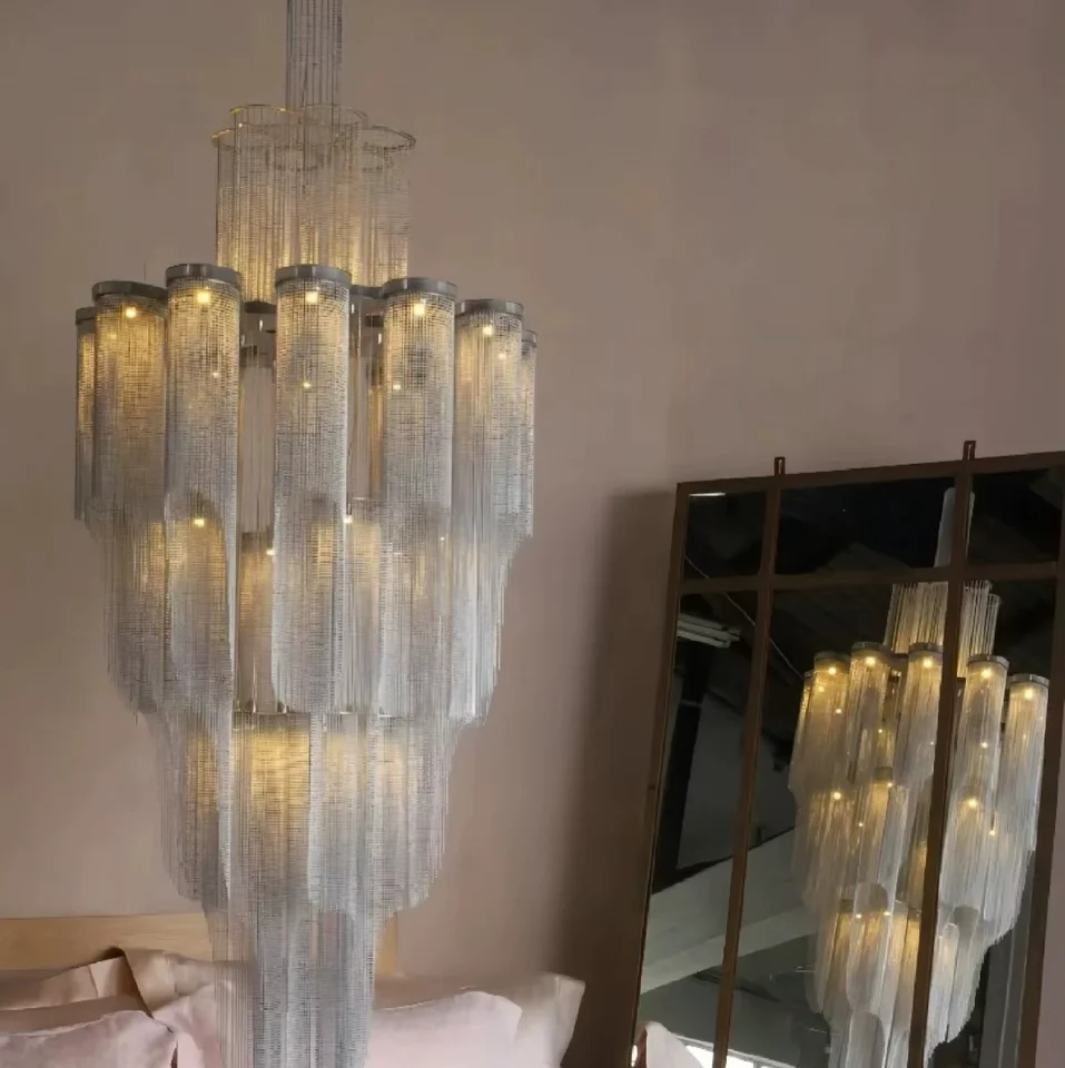 LED luxury aluminum tassel chandelier for the villa living room rotating staircase decorative chandelier custom engineering lamp