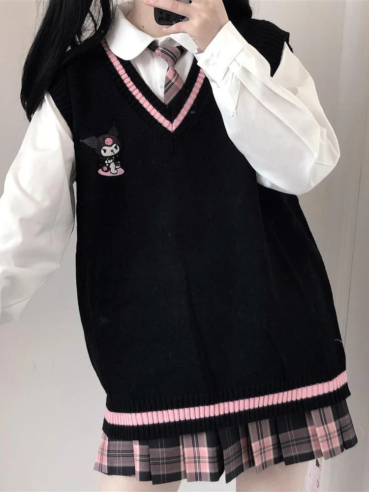 2024 School Kawaii Sweater Vest Cartoon Waistcoat Sweet Cute Preppy Style Women Pullover V-neck Embroidery Japanese Lolita Tops