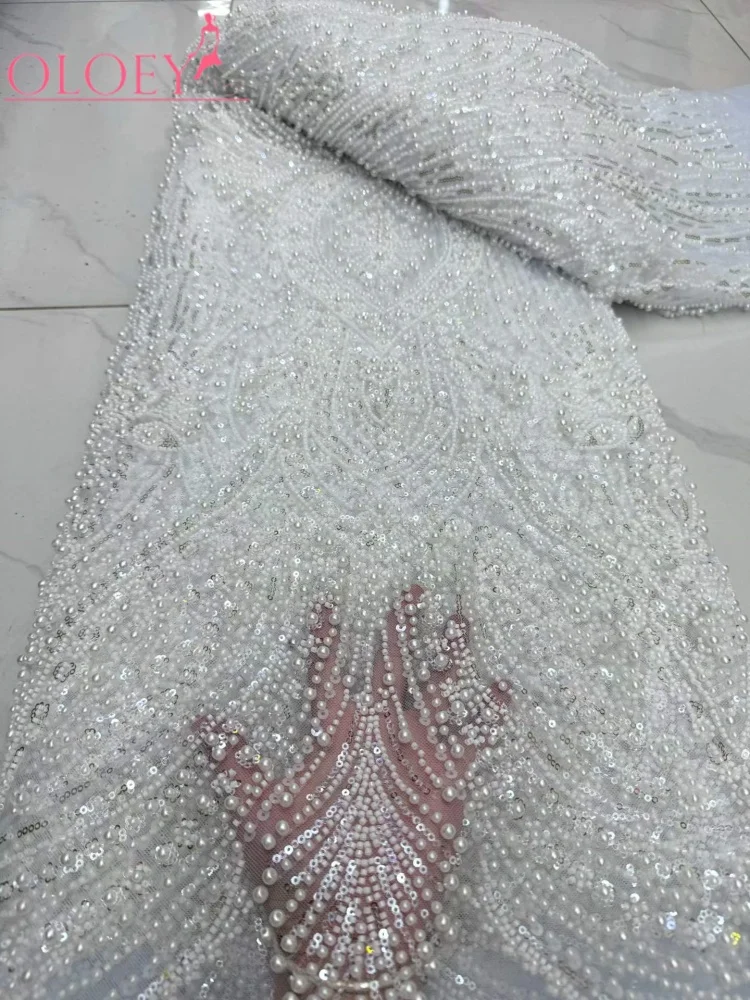 OLOEY  African Sequins Lace Fabric  5 Yards High Quality Beads French Nigerian Groom Lace Net Fabric For Sewing Dress Weddin