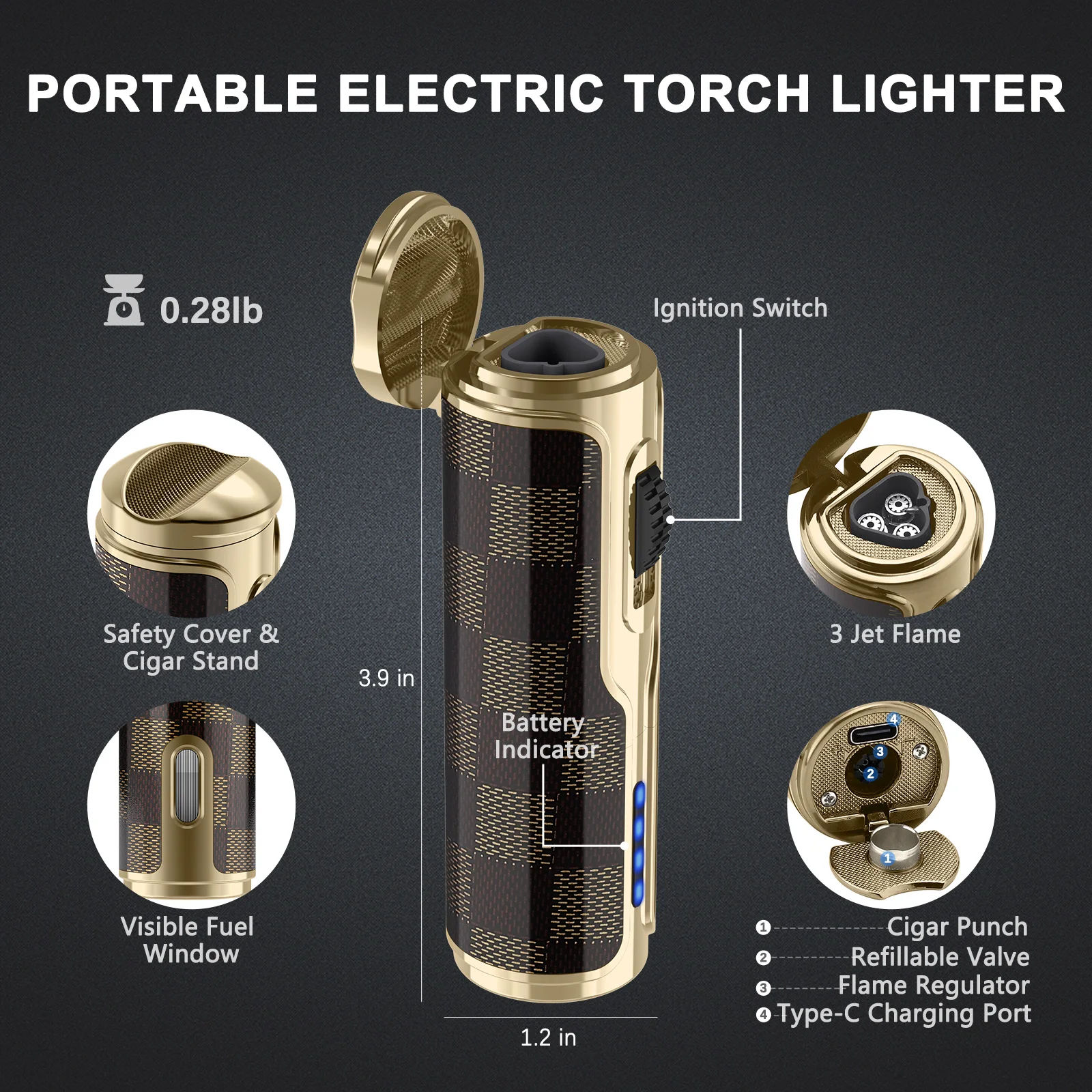 Cigar Lighter with Cigar Punch Holder,Windproof Electric Torch Lighter,Refillable Butane Lighters for Smoking with Gift Box