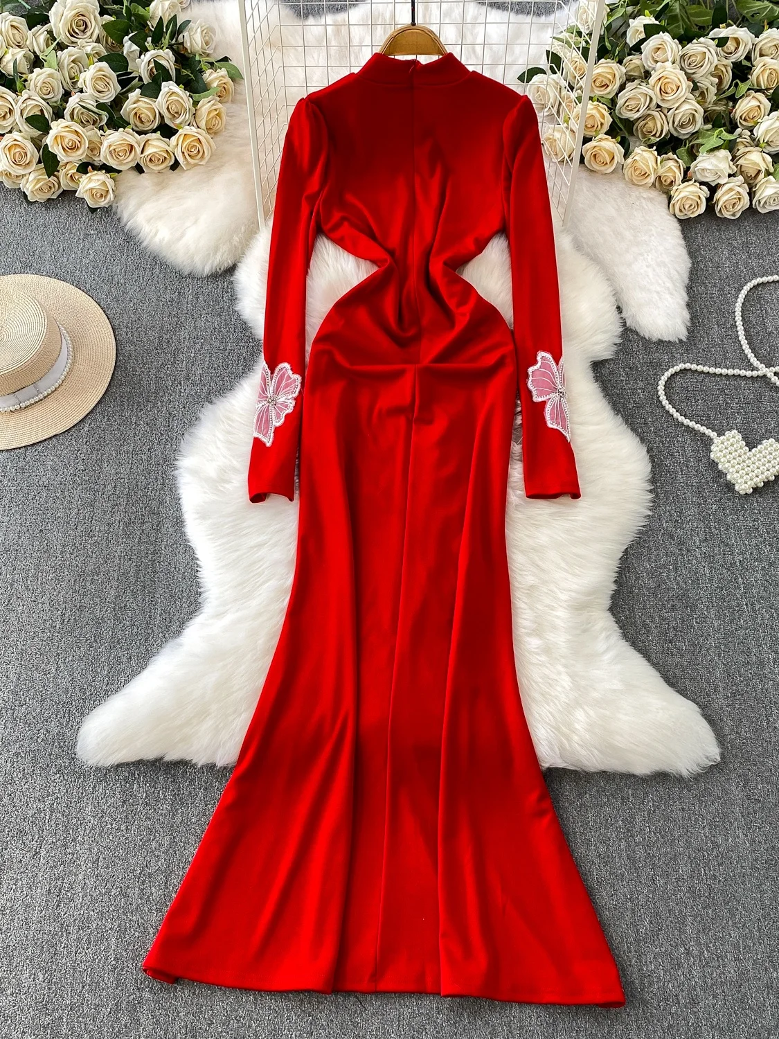 엘레 롱 스웨 여성용 드레스, 헤비 워크 3D 플라워 장식 슬림핏 피트 테일 가운, 가을 겨울 포멀 행사용...