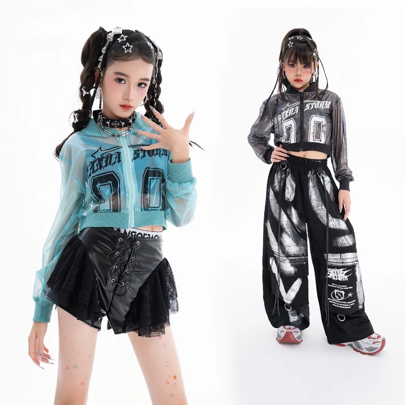 

Fashion Girls Kpop Hip Hop Dance Clothes Long Sleeves Tops Black Shorts Pants Cool Jazz Costume Concert Stage Performance Wear