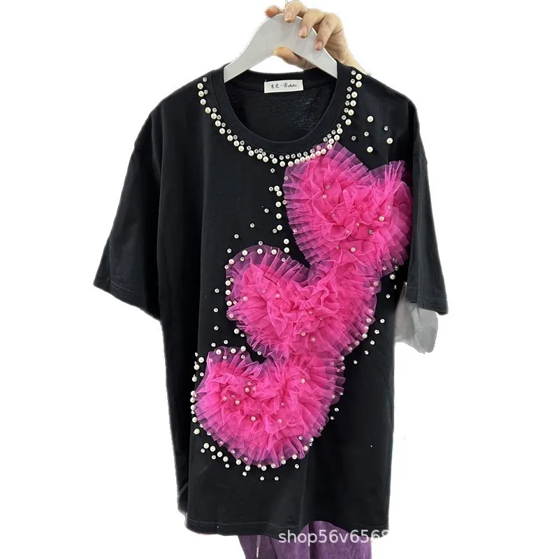 

Chic Woman Pearls Beaded T-shirts Summer Diamonds Beaded 3D Mesh Heart Shape Spliced Flowers Tees Loose Short Sleeved Crop Tops
