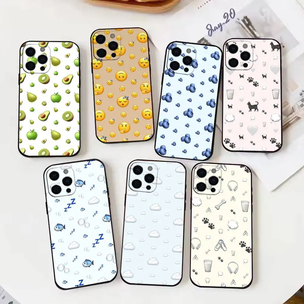 Capa de telefone com ilustração e-emoji para iPhone 17 16 15 14 13 12 Max Plus Capa preta de silicone
