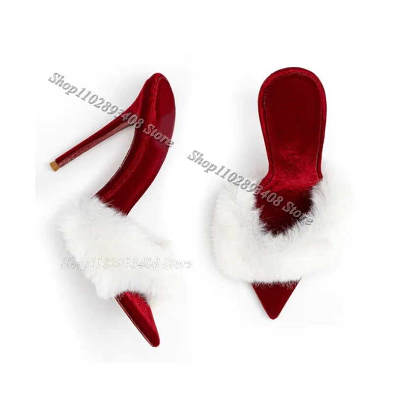 

White Fur Decor Stiletto Slippers Open Toe Elegant British Style New Fashion Design Women Casual Shoes 2024 Zapatos Para Mujere