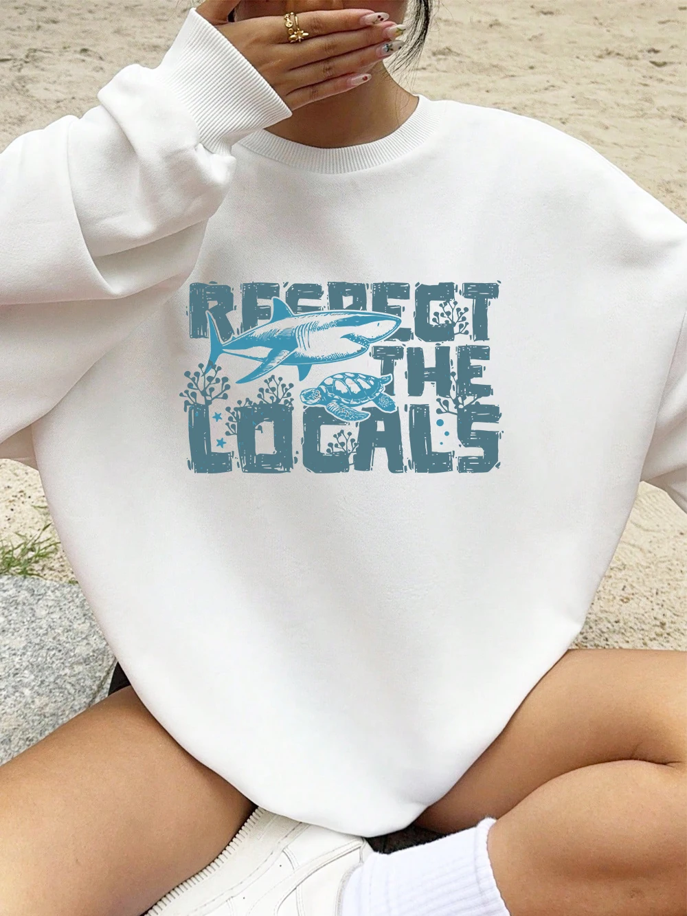 Sudadera con estampado de protege los locales para mujer, sudaderas deportivas con cuello redondo, Jersey cálido de lana holgado, ropa cómoda de invierno para mujer