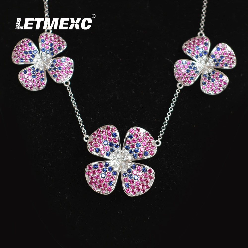 

LETMEXC Three-Color Clover High Jewelry Custom Necklace Moissanite Diamond Necklace Red-Blue Ruby Spinel Gems