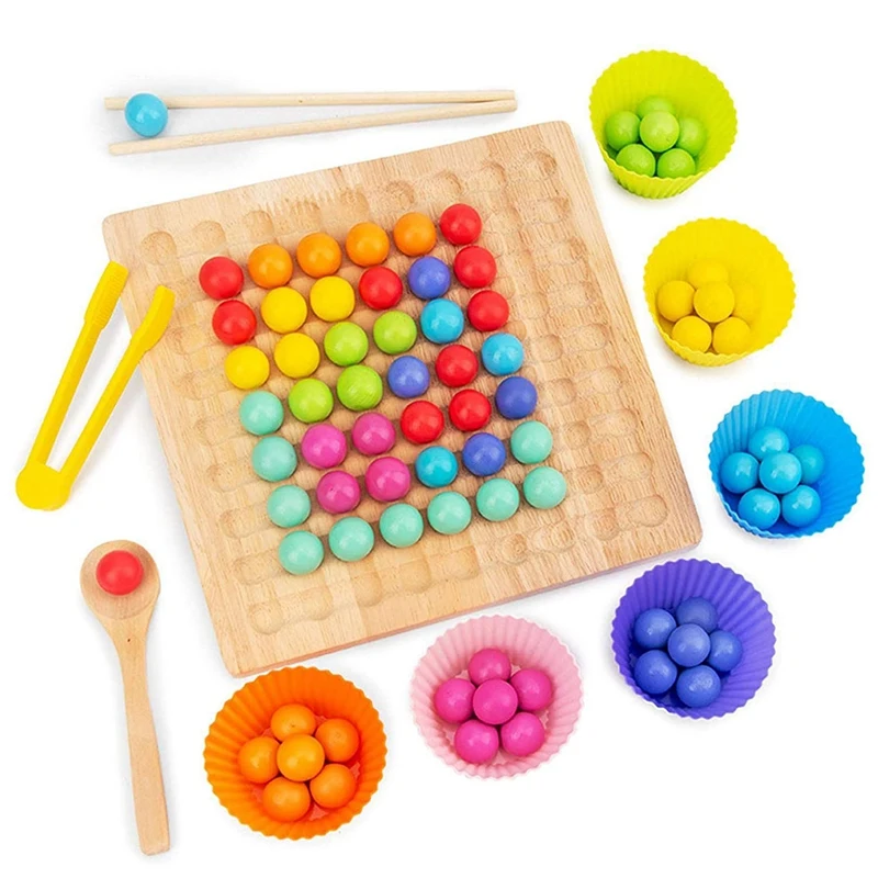 Wooden Clip Beads Rainbow Toy Rainbow Ball Board Game Wooden Training Clip Beads Puzzle Board Game For 3+ Years Kids