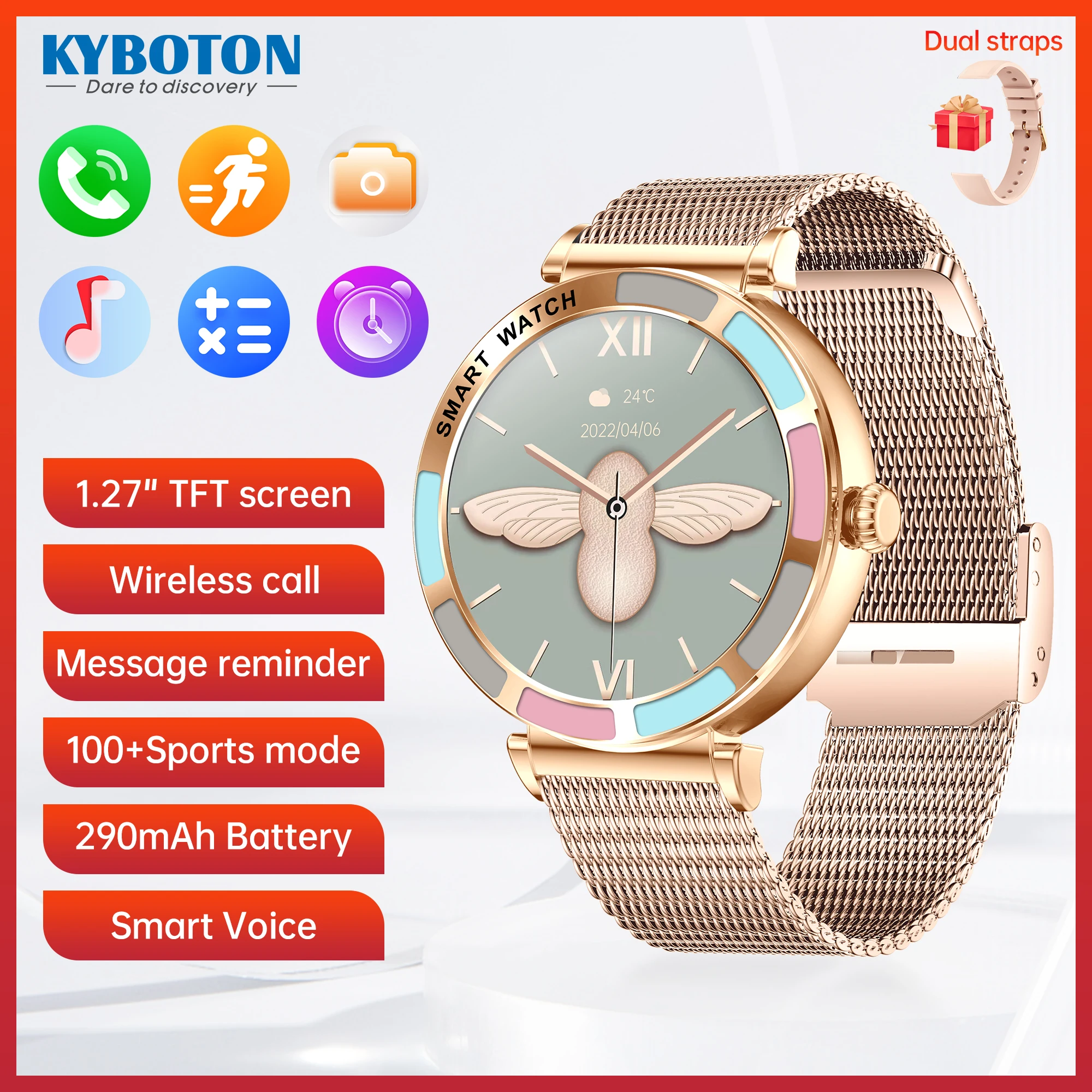 

Умные часы KYBOTON, управление воспроизведением музыки, сидячее напоминание, спортивные часы 1,27 дюйма, водонепроницаемость IP67, стальной ремешок