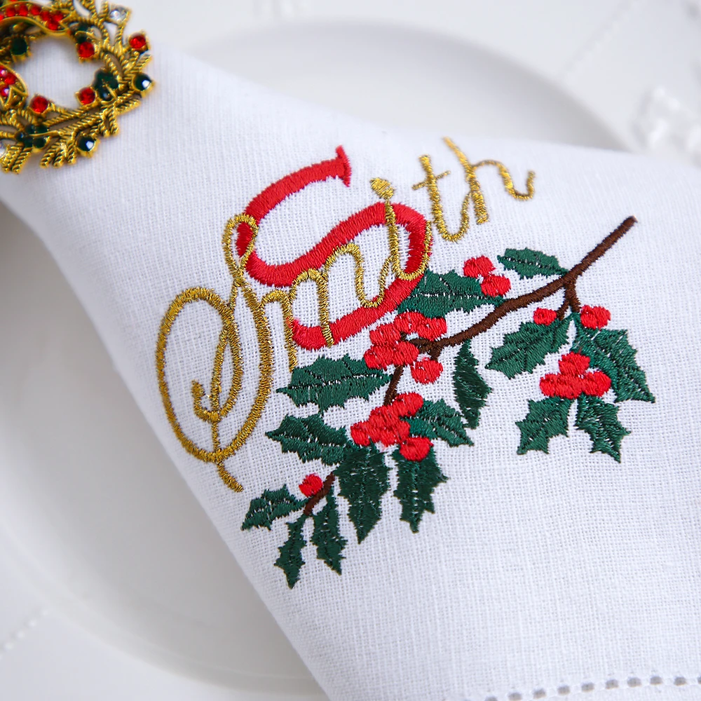 Boże Narodzenie Monogram i nazwa Familiy haftowana serwetka, podkładka, Hemstitch, bawełna + len, dekoracja stołu