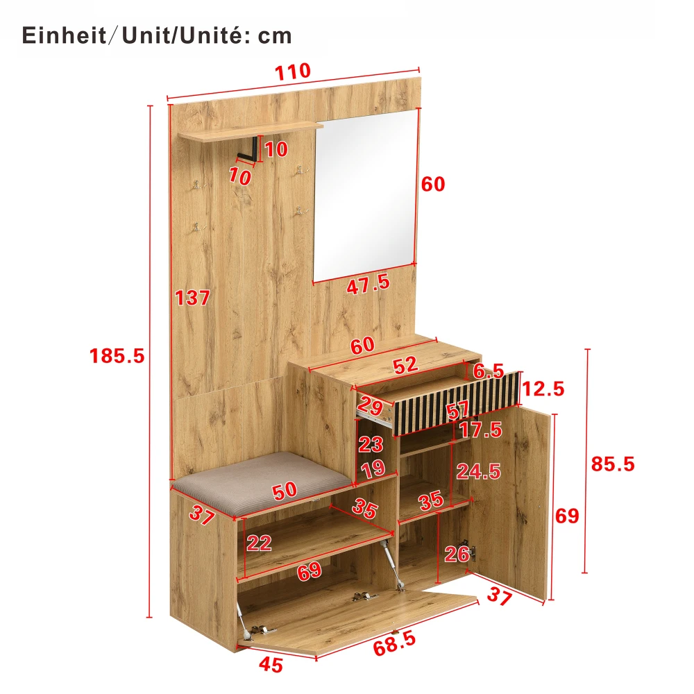 PINGGO Kompaktes Garderoben-Set mit Spiegel und Kissen, Flur-Wandregal, Garderobenpaneele, Schuhschrank für Flur-Aufbewahrung – Detail 2