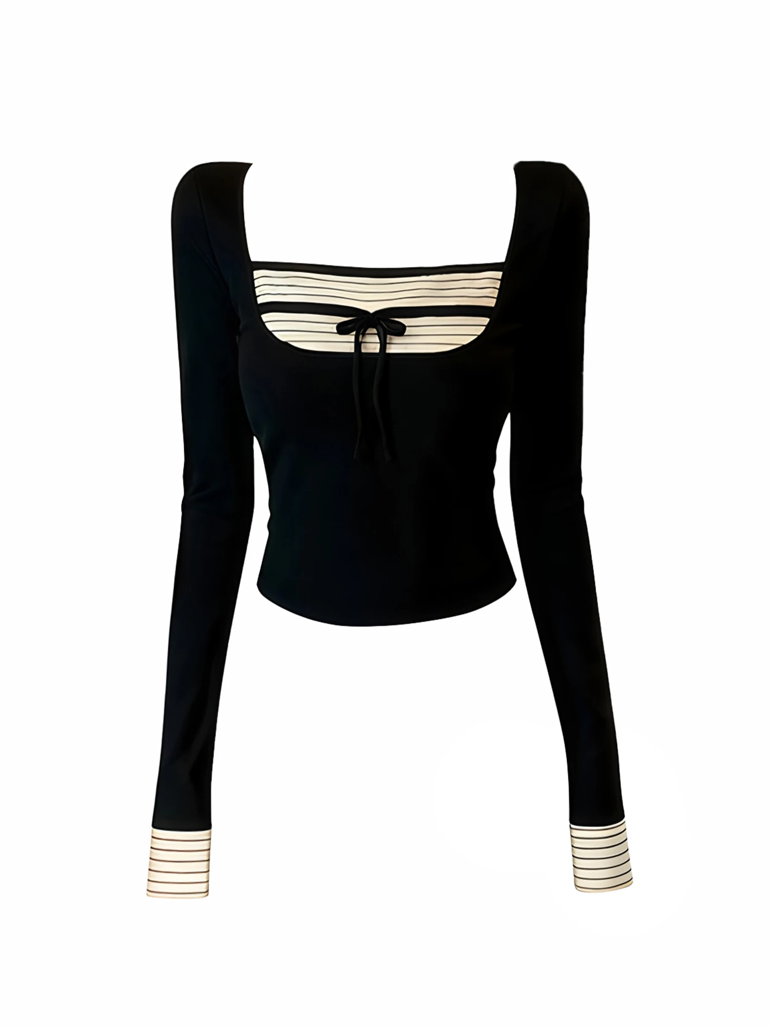 Women Black Gothic Emo T-shirt Y2k Gyaru Striped Patchwork Tee Top 2000s Vintage Long Sleeve Square Collar T-shirts Clothes 2025