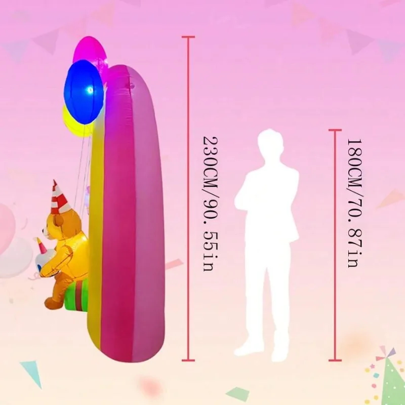 10.83FT/3.3M Birthday Inflatable Toy Arch Teddy Bear Birthday Cake WithLED Light Rainbow Archway Party Outdoor Garden Yard Decor