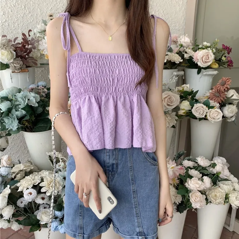 Women's Tie-Strap Smocked Camisole, Square Neck Peplum Crop Top, Casual Summer Sleeveless Blouse for Beach & Daily Wear