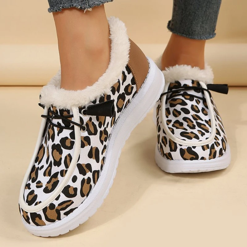 

Women's Snow Boots 2024 Autumn Winter New Fashion Leopard Flat Slip-on Cotton Shoes Warm Plush Boots for Women Plus Size 43