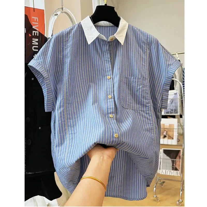 

Women's Korean Style Contrast Collar Striped Short Sleeve Shirt Casual Cotton Loose Top