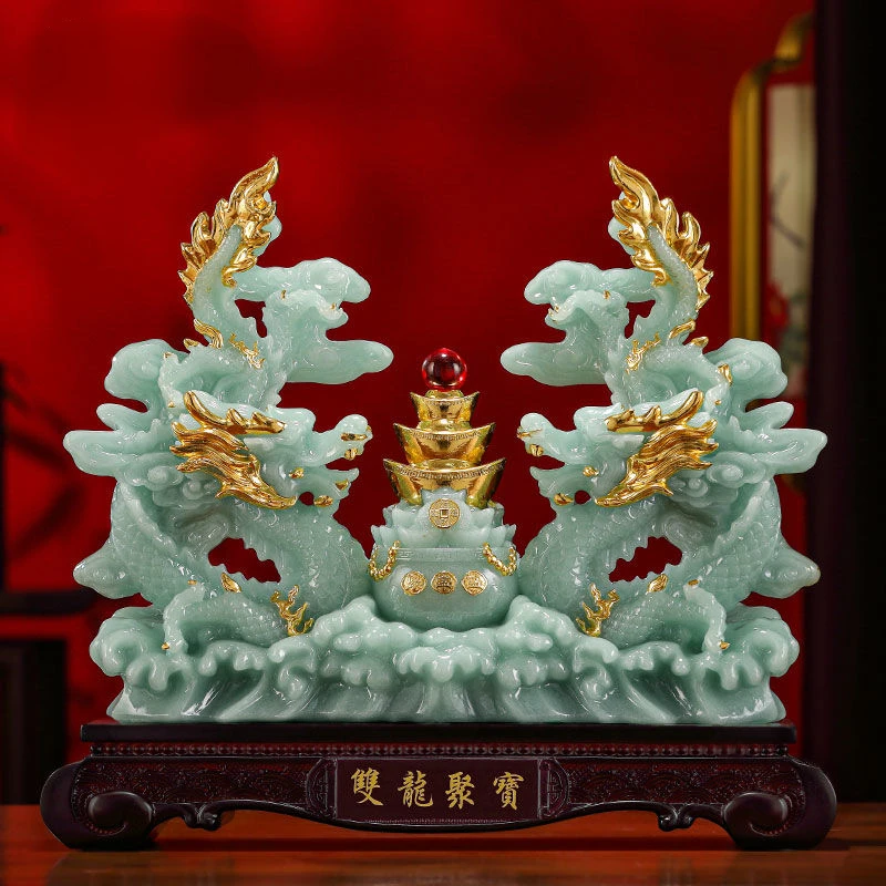 Double Dragon Treasure Pot Brings Wealth Green Dragon Decoration Living Room Office Decoration Relocation Gift Opening Gift