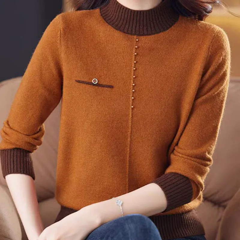 

Top Female Clothing Vintage Women's Sweater Fashion Elegent Half High Neck Pullover Women Autumn Long Sleeve Knitwear