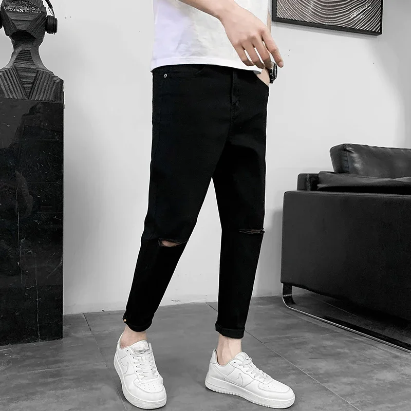 2024 ربيع جديد الذكور الركبة ممزق الجينز الرجال مستقيم سليم أقدام صغيرة سراويل جينز الشارع الشهير تمتد سراويل تقليدية #4