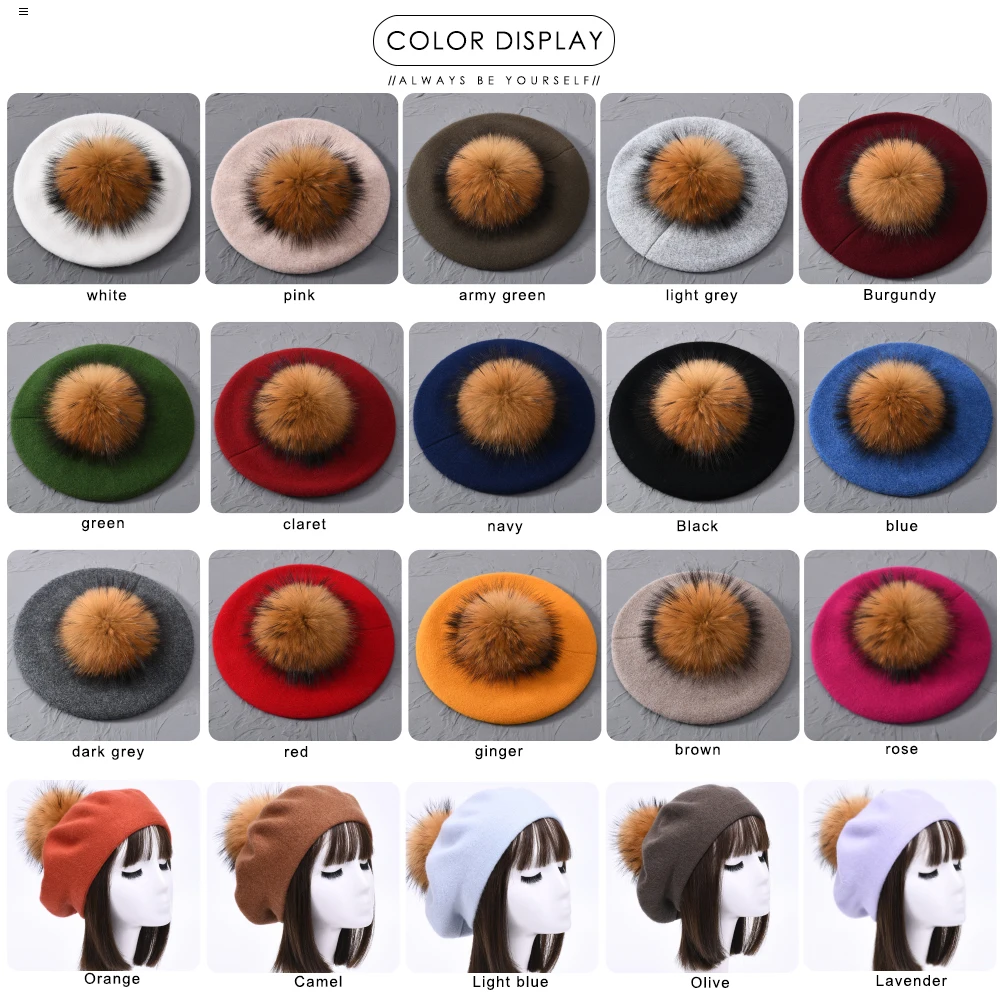 Women Beret Cap Real Big Fur Pom Pom Winter Knitted Wool Beret Natural Raccoon Fur Ball Hat Solid Color Top Quality Female Beret