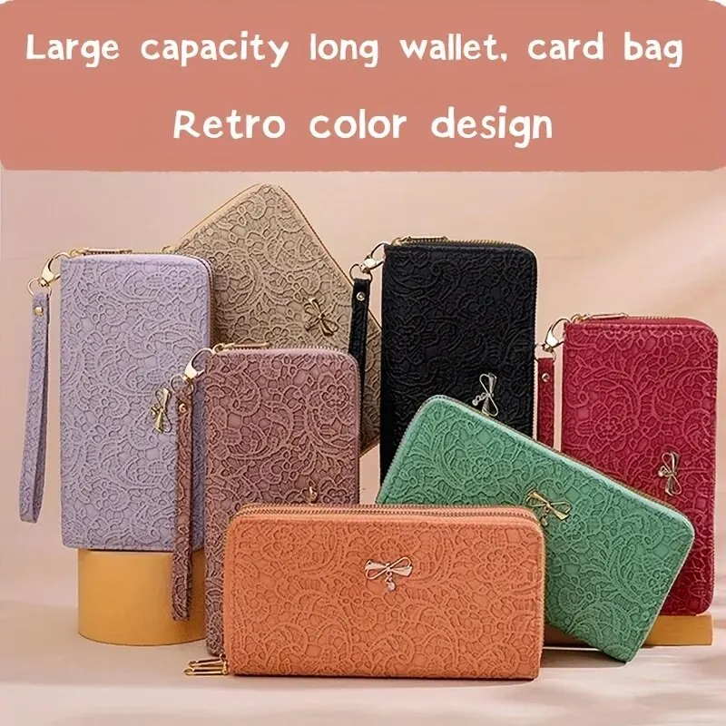 

Four Seasons Women's Long Wallet Large Capacity Retro Lace Embossed High Grade Card Bag with Multi Compartment Zipper Handbag