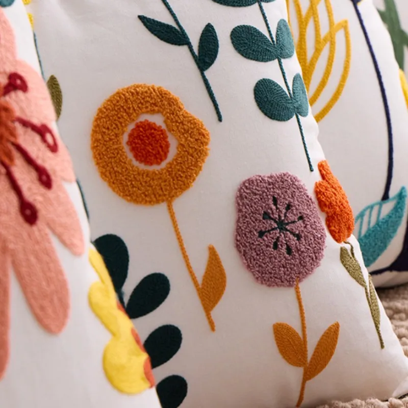 Embroidered Throw Pillow Cover - 18x18 Boho Cozy Decorative Pillow Cover with Zipper Aesthetic Cute Design Artistic Flowers