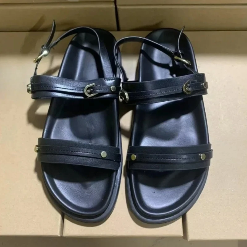 Classic Retro Black Women Flat Shoes 2026 Summer Thick Sole Metal Buckle Trendy Brand Soft Female Vacation Roman Sandals