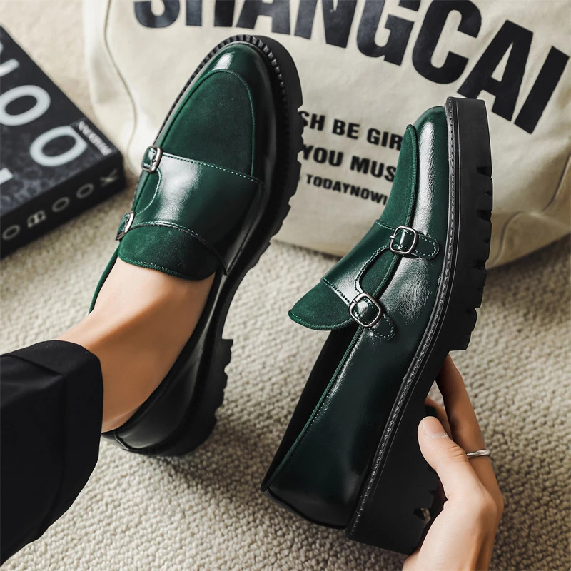 Men Dark Green Patent Velvet Spliced Double Monk Strap Shoes Retro British Platform Loafers Trend Casual Business Slip On Height
