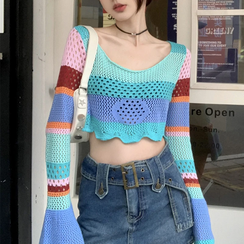 

Rainbow Crochet Top Openwork Knit Flared Sleeve Crop Sweater Pullover Women Teen-girl Summer Boho Chic Beach Vacation Outfit