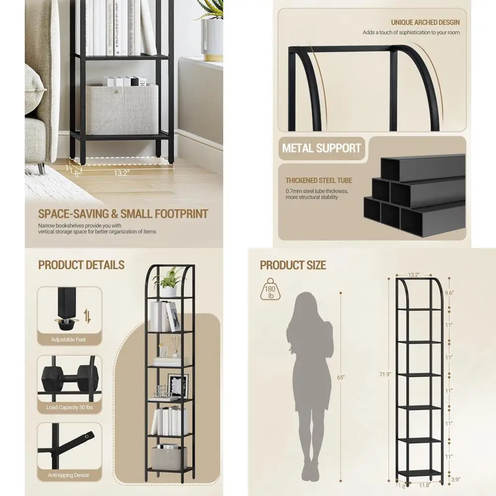 

Industrial Style 6-Shelf Tall Bookcase, Steel Frame, Slim Storage Unit for Home Office, Black