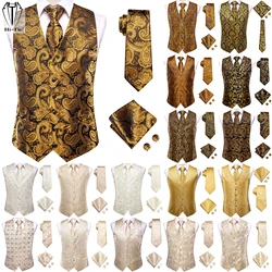 Conjunto de gravata de seda Hi-Tie masculino, dourado, marrom, laranja, bege, marfim, cáqui, bronze, terno sem mangas, colete, gravata, Hanky Cufflink