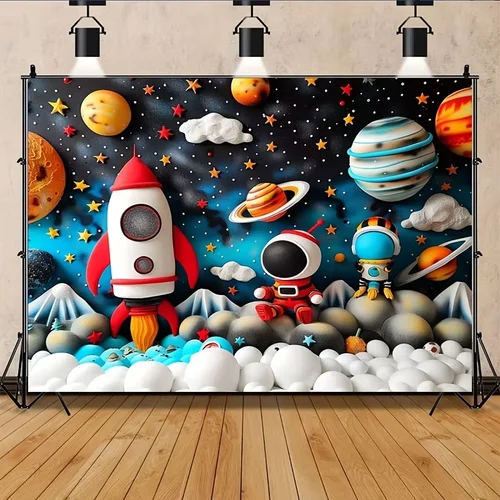 Imagen 2 del producto Fondos de planeta espacial exterior de astronauta de dibujos animados para fotografía, decoración de fiesta de cumpleaños para niños, telón de fondo para Baby Shower, accesorios para fotomatón