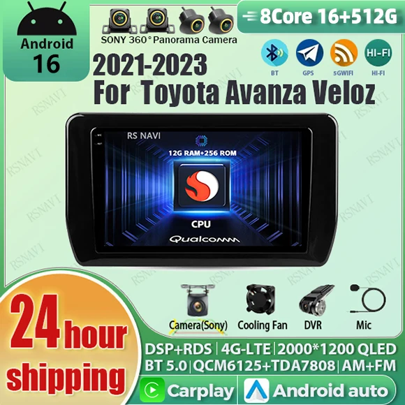 Radio para Auto Android 16 Carplay con Pantalla QLED 2K Qualcomm para Toyota Avanza Veloz 2021-2023, Reproductor Multimedia DSP, Estéreo, Wifi, 4G