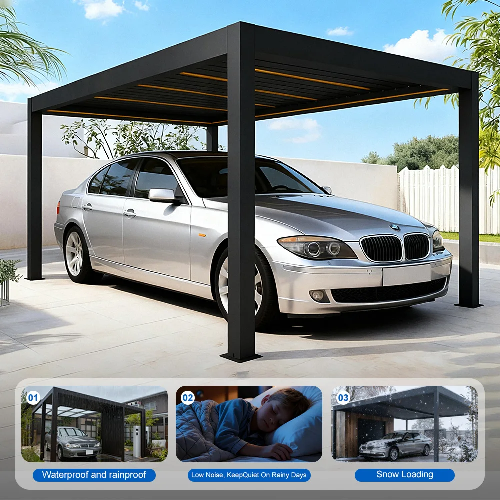 SUNTO Modern Aluminum Alloy Carport Awning Canopy Pergola Outdoor Waterproof Fireproof Gazebo Roof 3x3-6x6m Car Parking