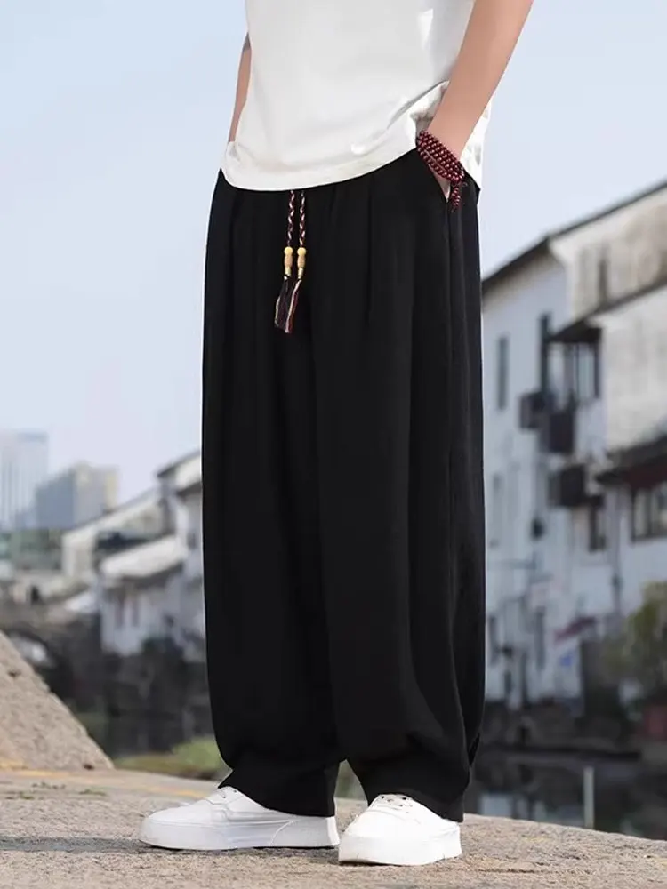 

Мужские летние брюки из высококачественного льна и хлопка, широкие, прямого кроя, свободные, повседневные, больших размеров