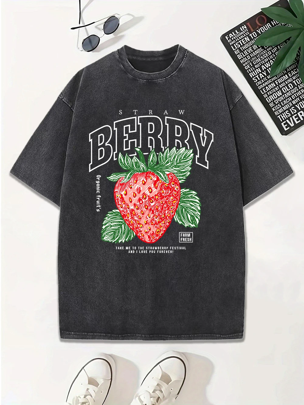 

Strawberry Farm Fresh Prints Washed T-Shirts Women Cotton Oversize Tops Comfortable Distressed O-Neck Streetwear Summer Clothes