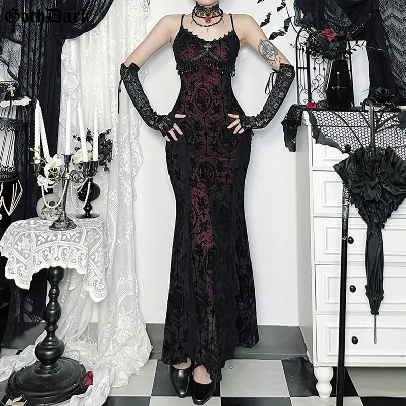 

Goth Dark Lace Trim Beading Fringe Maxi Dress for Women Gothic Outfits Embellished Halloween Sleeveless Split Dresses Vestido