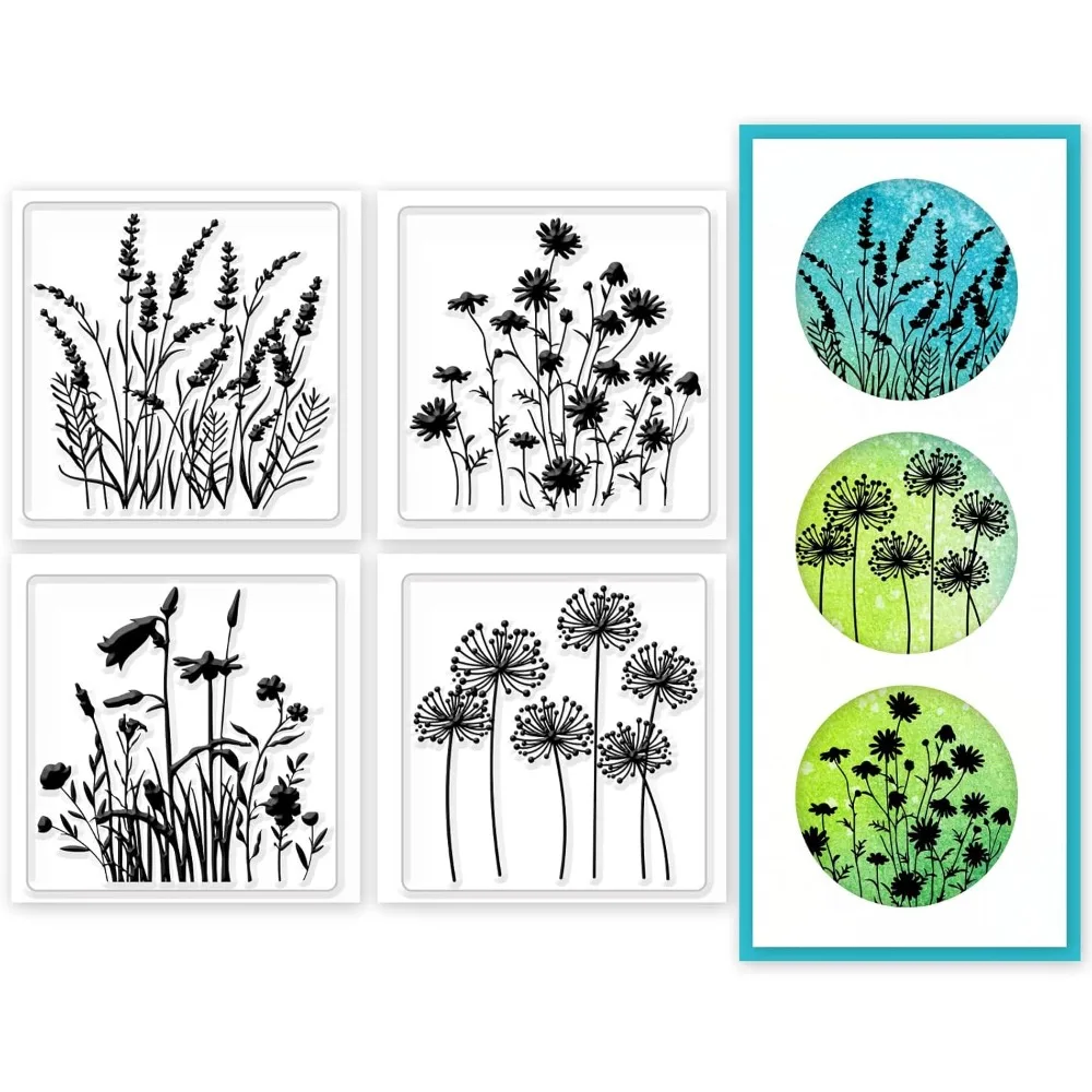 4Pcs Mini Wildflower Clear Stamps for DIY Scrapbooking Mini Plant Silicone Clear Stamp Seals Transparent Stamps for Cards Making