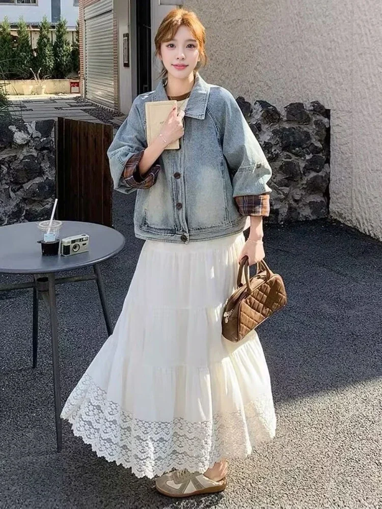 

Women's 2025 New Short Cropped Rolled Cuffs Plaid Patchwork Denim Jacket Loose Casual Spring Autumn Vintage HK Style Jacket