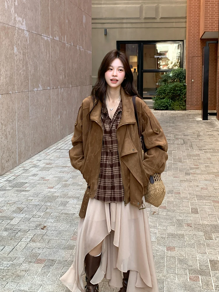 

2025 New Retro Sle Motorcycle Jaet Loose Fit Casual Lazy Turn Collar Silhouette Women's Faion Outerwear Long Sve Zipper