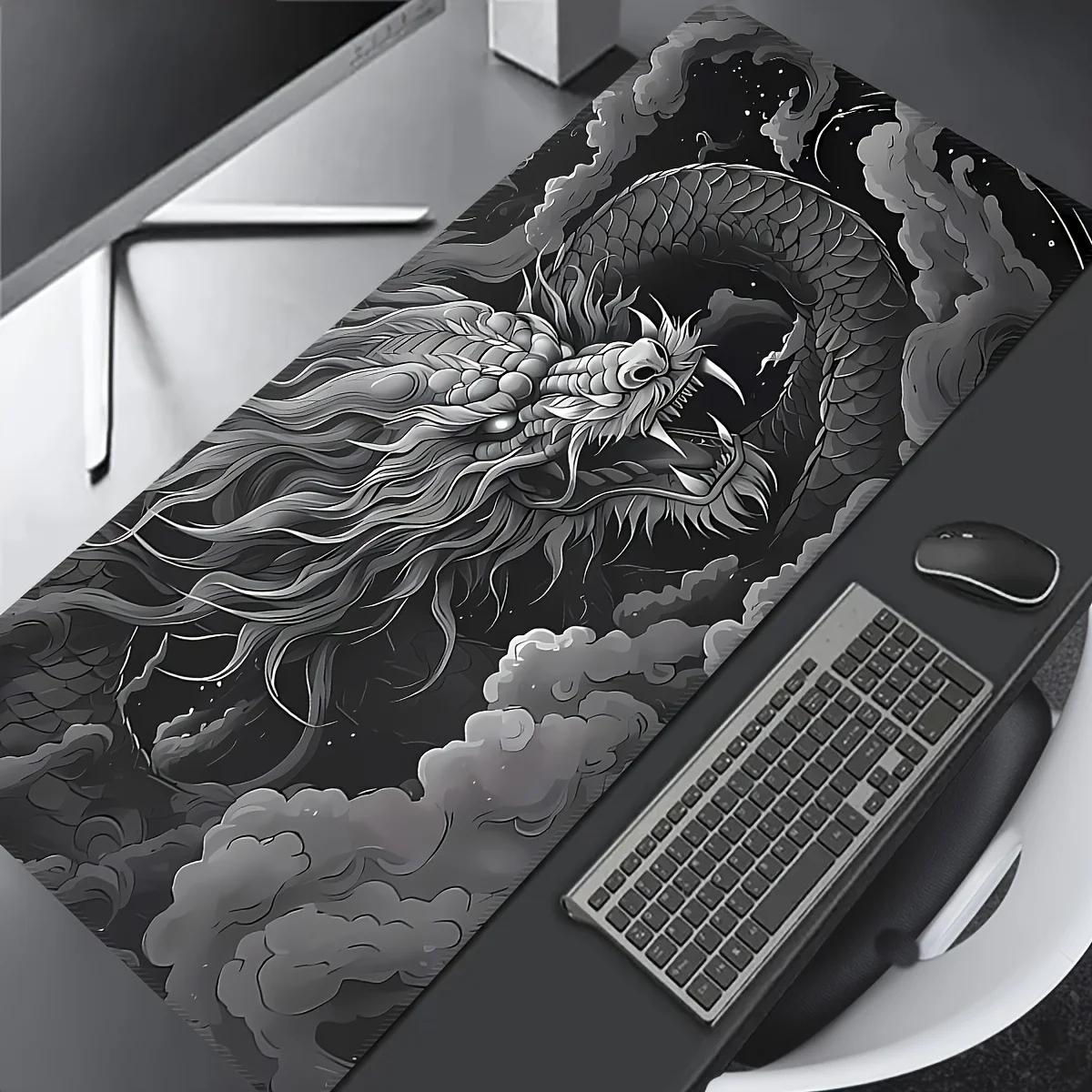 Mouse Pad Large Dragon Gaming Desk Mat Monochrome Design with White Black playmat Washable Office Non-Slip Keyboard Computer pad