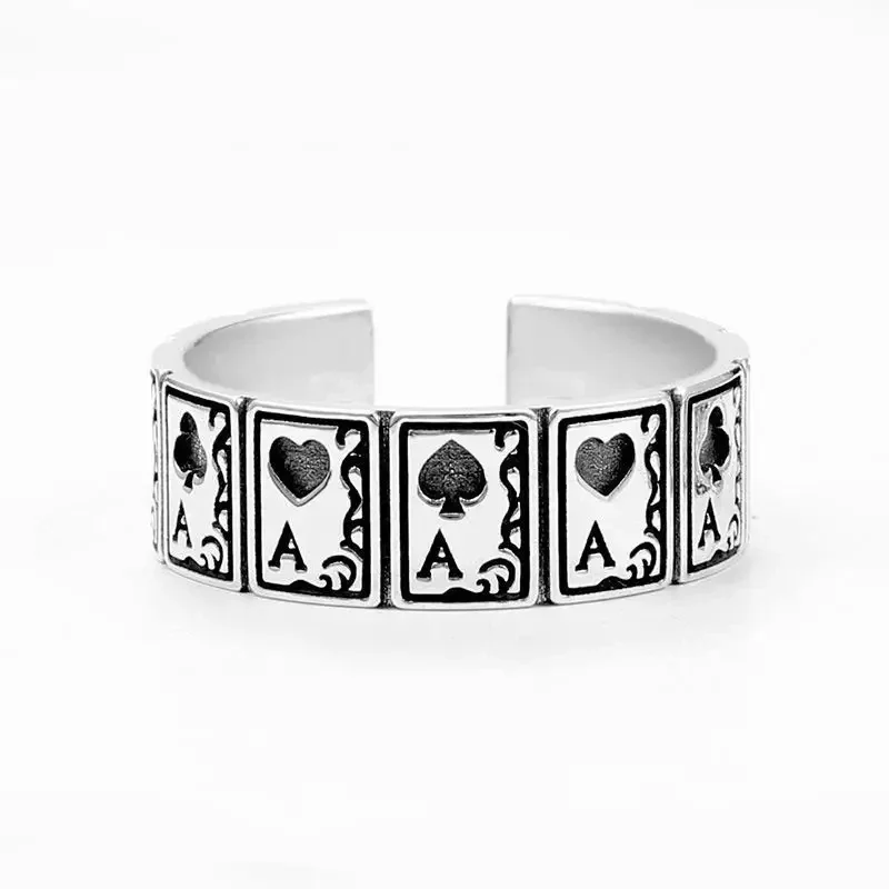 Classic Playing Card Spade Metal Open Adjustable Ring for Men and Women Lucky Wealth Trendy Jewelry